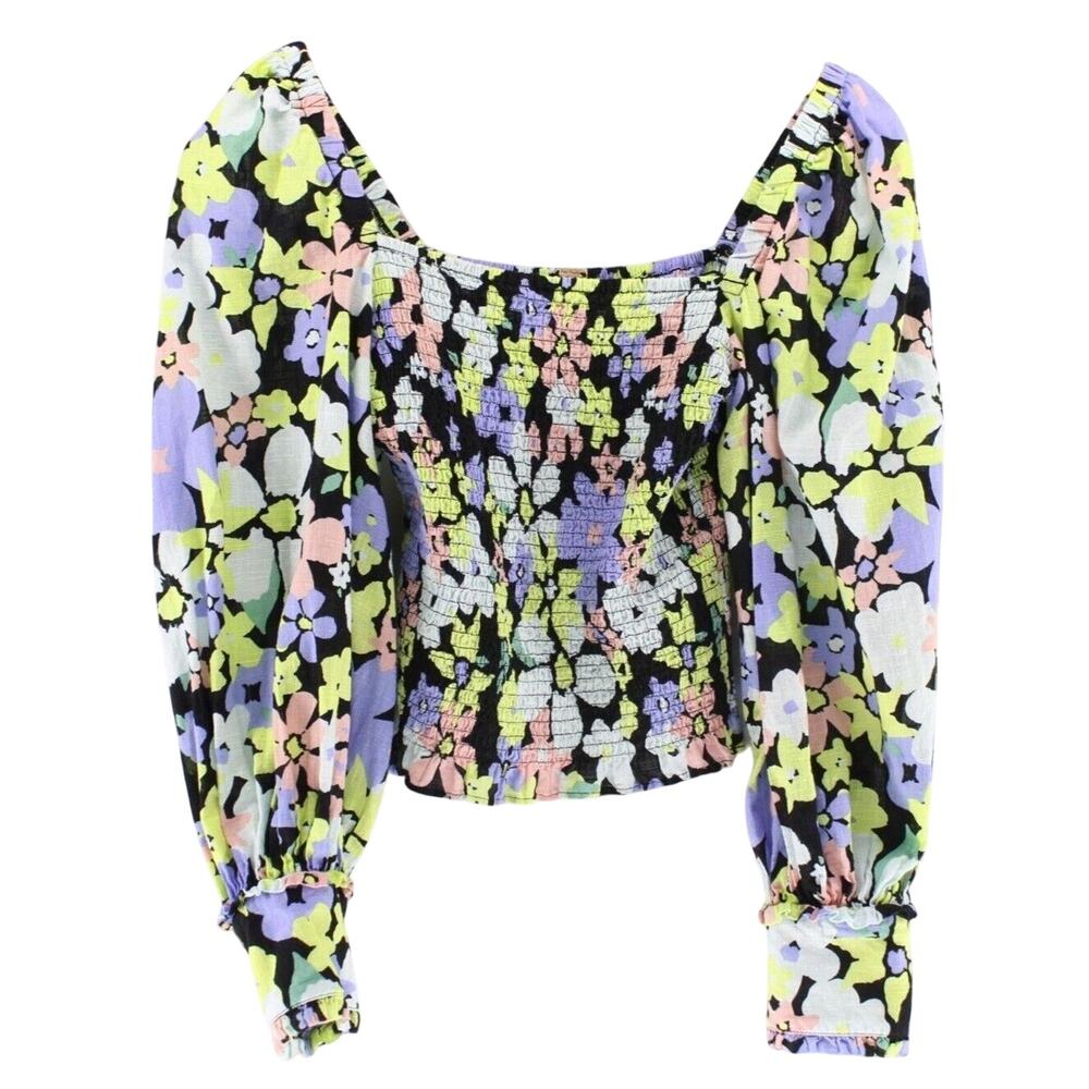 Free People Ariana Floral Puff Sleeve Top Black Multi Smocked Sz XS